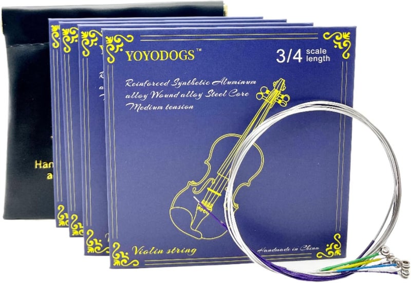 YOYODOGS Violin Strings 3/4 Full Set with Leather Storage Pocket Replacement Medium Tension 5pcs Violin Strings Rich Tone Handcrafted for Young students and Musicians (3/4 scale length Blue) - Image 1